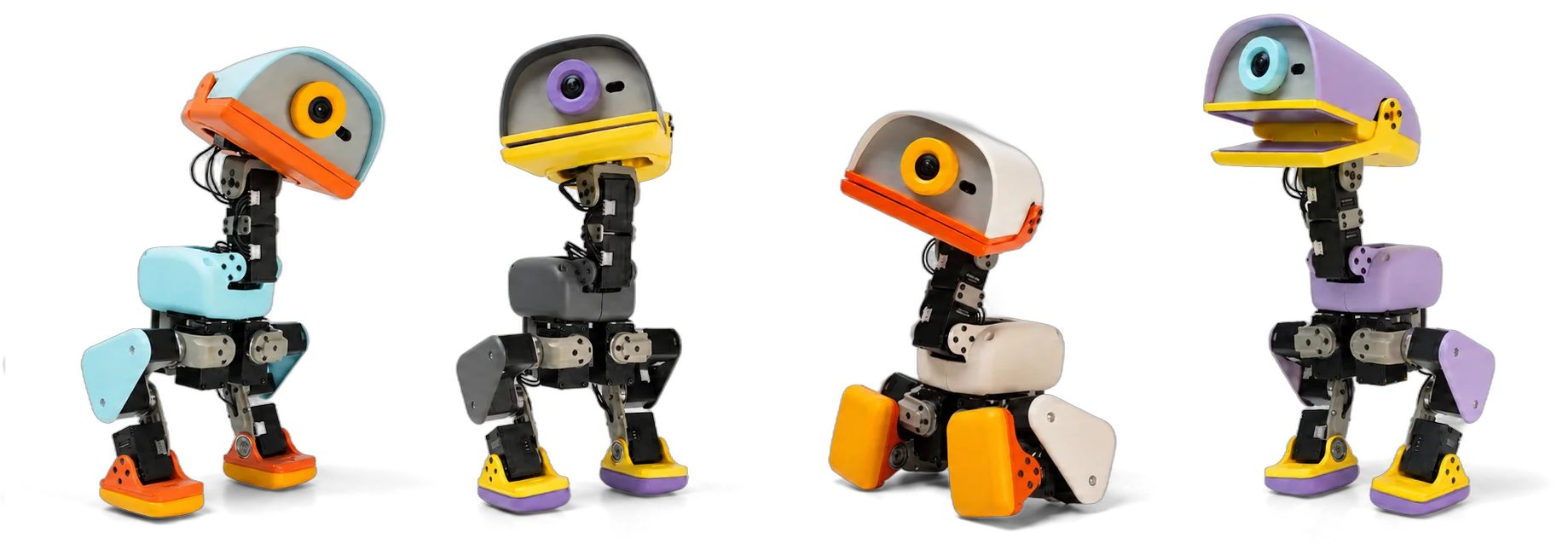 Four Microduck robots in different colourways